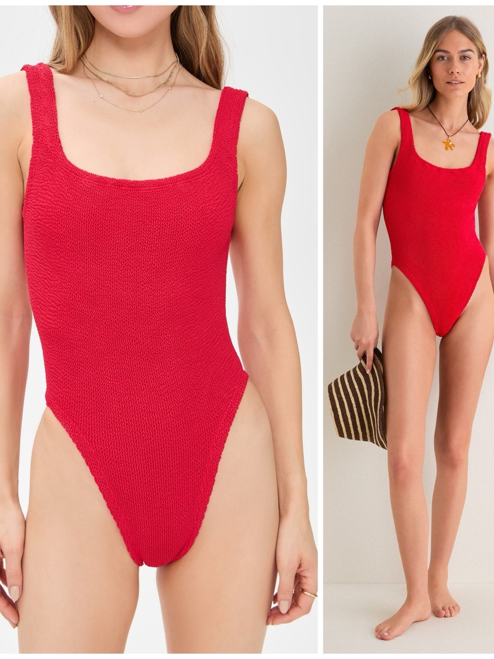 Hunza G Red Classic Square Neck One Piece Swimsuit Stretchy One Size